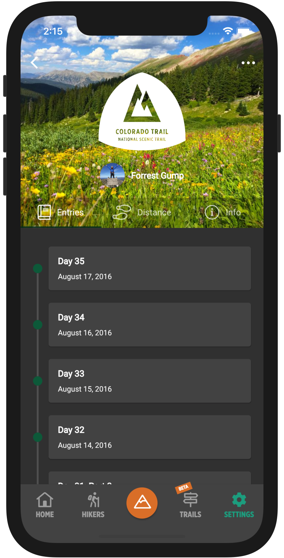 HikerFeed Mobile Screenshot - Hike Entries